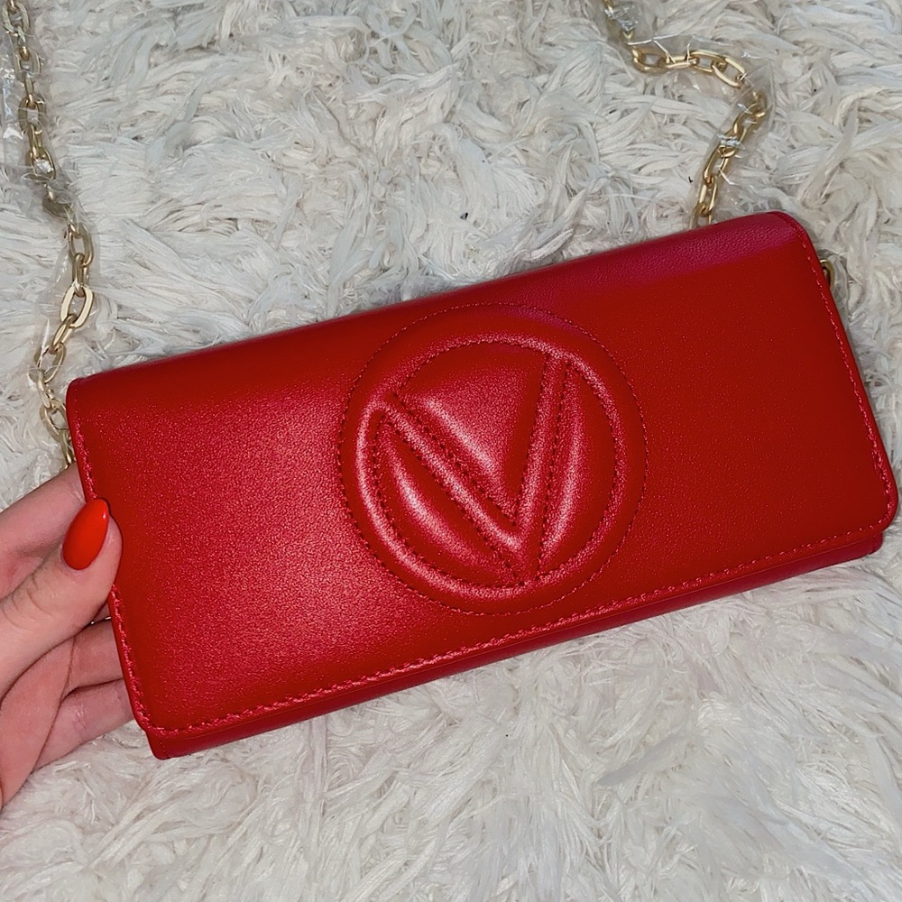 Vibrant Red Designer Valentino Clutch with Chain Strap